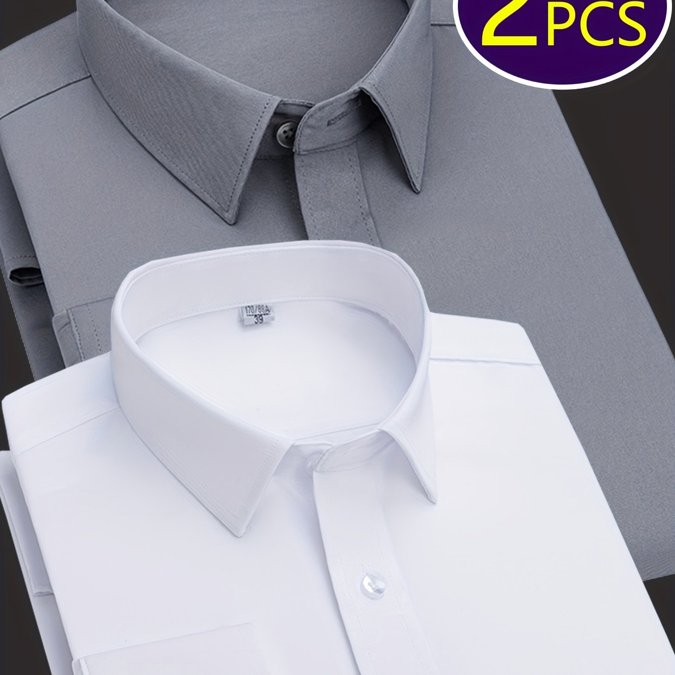 2 Men's work style polyester dress shirts in solid colors, regular fit with button details and lapel collar.