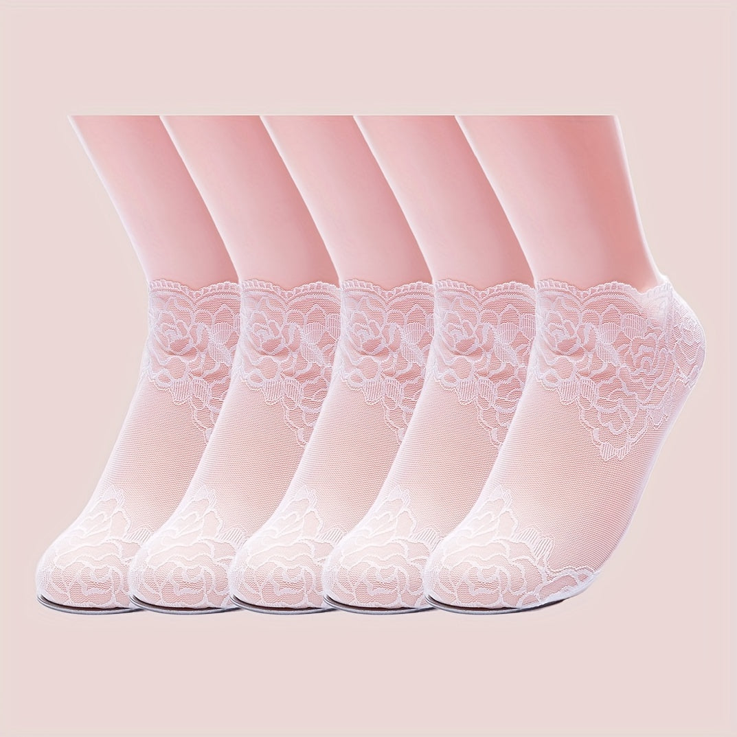 1 Pair/5 Pairs of Fashion Lace Trim Short Socks for Women, Semi-Transparent and Lightweight