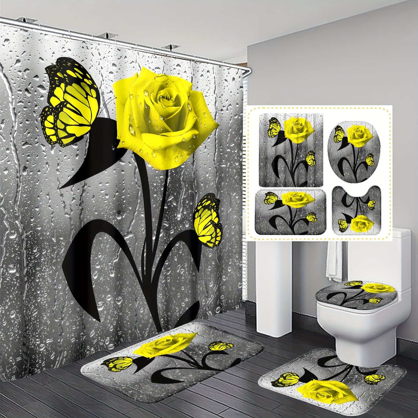 Water drop rose printed shower curtain set with hooks, non-slip mat, toilet lid mat, U-shape mat, and bathtub partition, a complete bathroom accessory set for home decor.