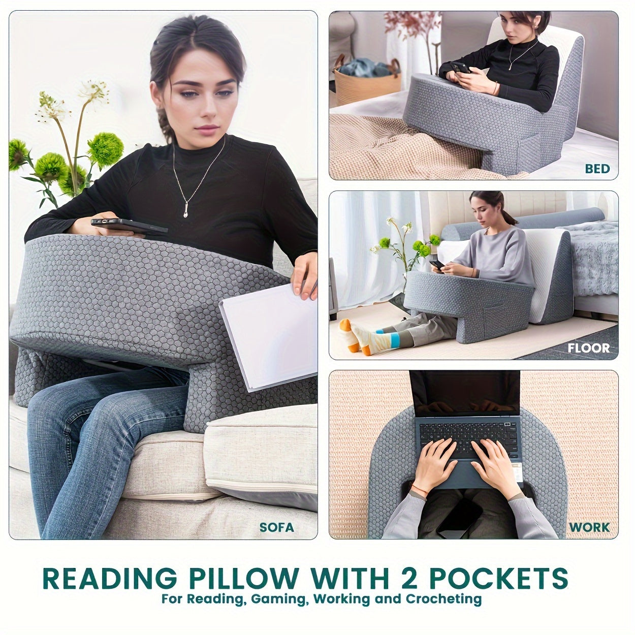 XL Reading Pillow with Arm Rest, Bed Support for Gaming and Work, Washable Cover, Quilted Polyester-Polyethylene Blend, Gray, for Bed Reading.