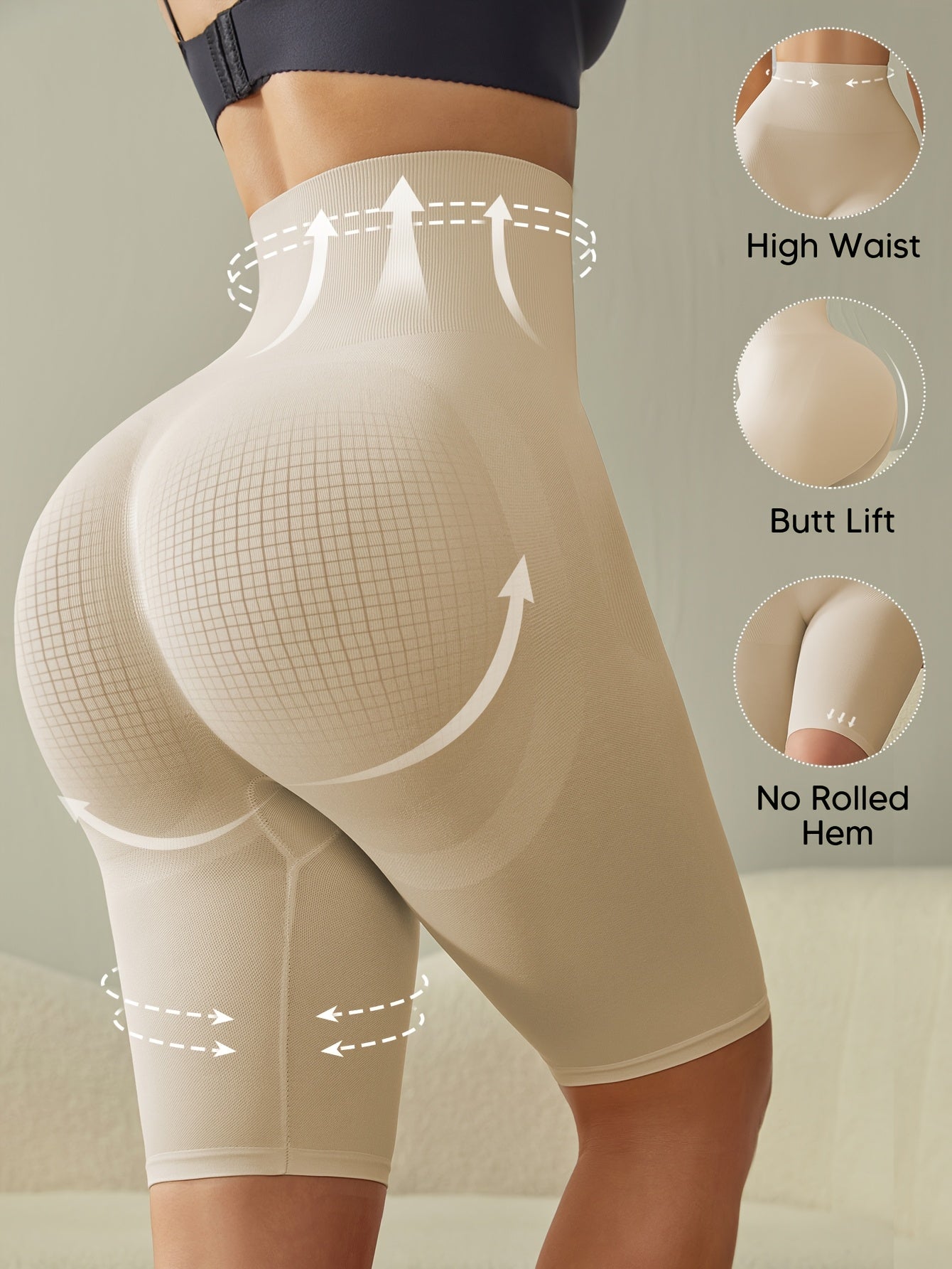 Women's high waist shaping shorts with tummy control and butt lifter features. Made from breathable stretchy seamless knit fabric in solid color, 90% polyamide and 10% elastane.