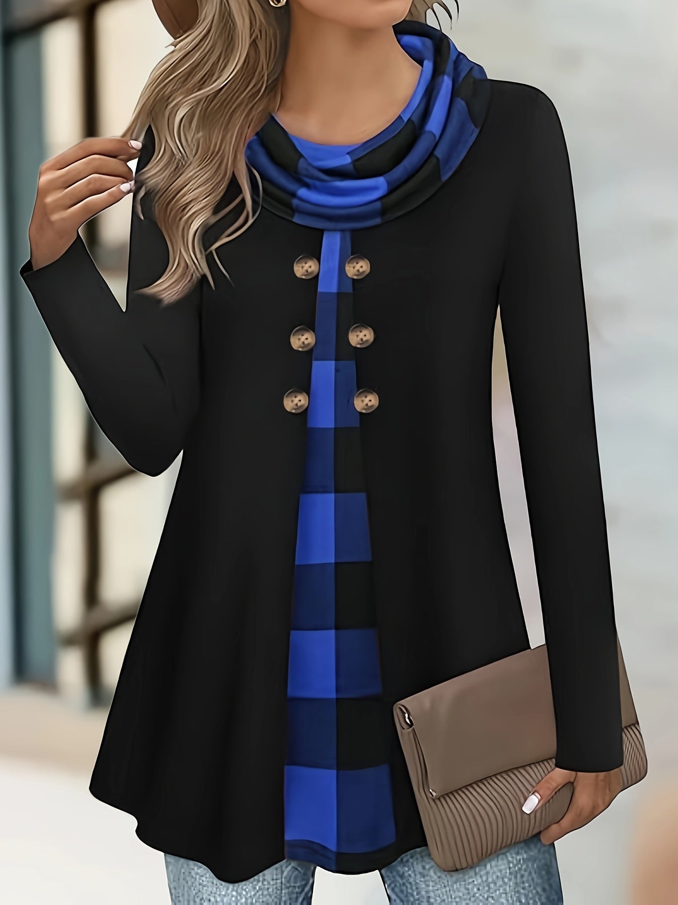 2-in-1 Plaid Print T-Shirt with Cowl Neck and Button Details for Plus Size Women