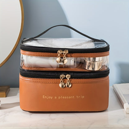 Stylish and practical travel makeup bag with double layers, made of waterproof PU material, featuring a transparent wash bag and large storage capacity.