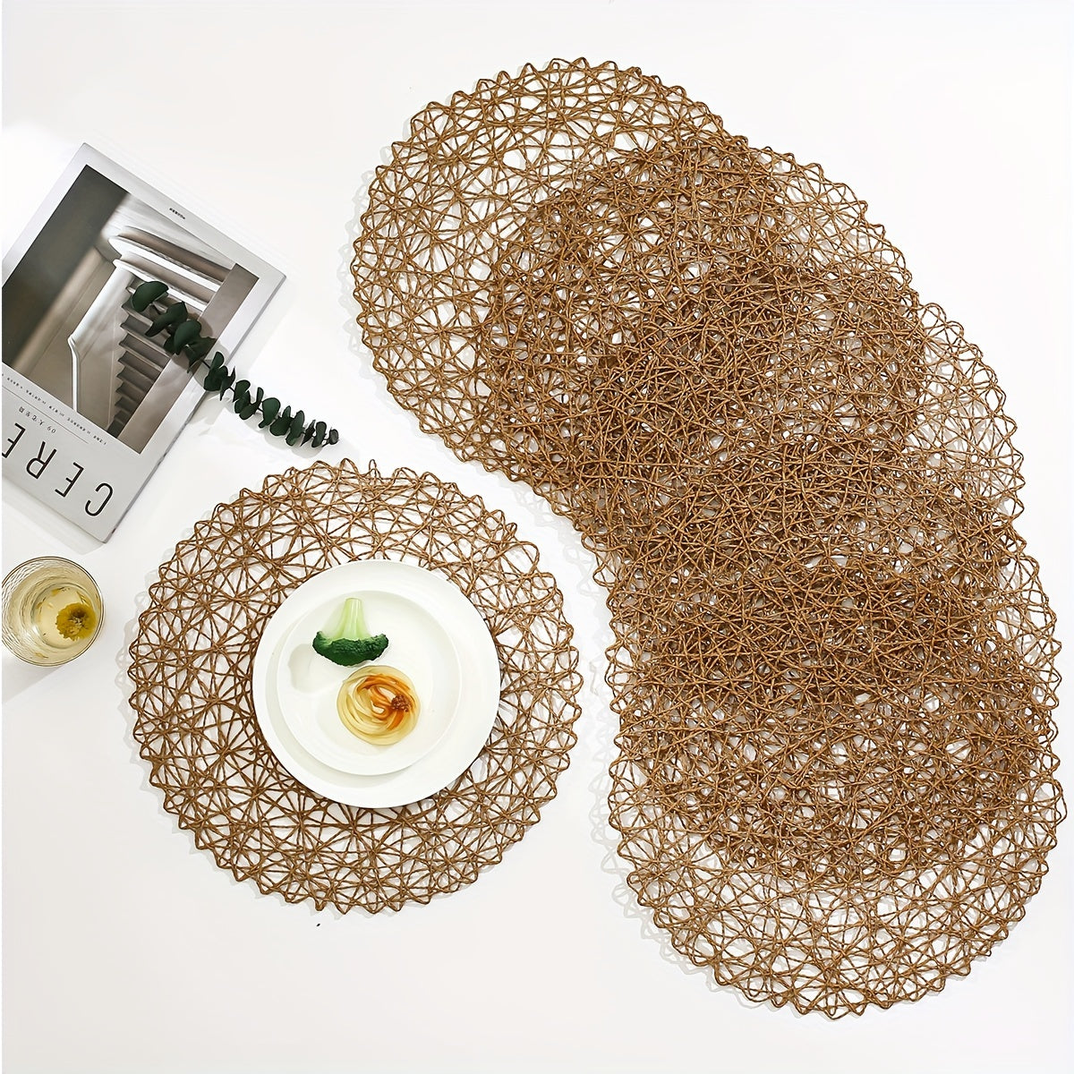 Handmade Woven Hollow Round Placemats, Set of 6, Washable, Non-slip, Heat-resistant, Modern Minimalist Style for Dining Table Decoration