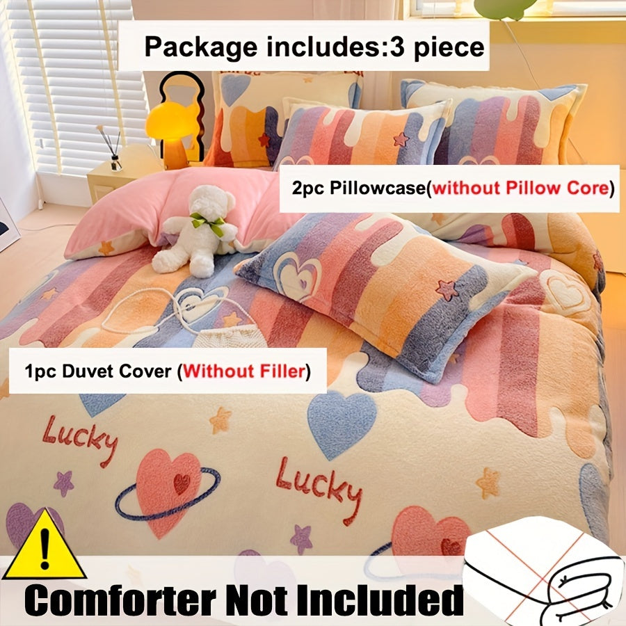 Set of 3 Autumn and Winter Thick Duvet Cover (1 Duvet Cover + 2 Pillowcases, Core not Included), Double-sided Love Pattern Warm Fleece Bedding Set, Cozy and Soft for Bedroom or Guest Room