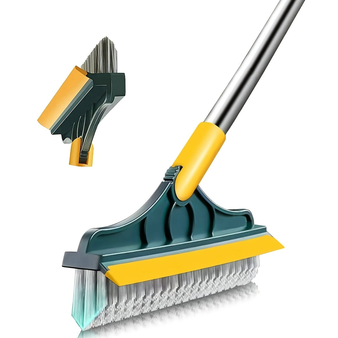 No electricity required! This 2-in-1 Multi-Surface Cleaning Brush features a long handle, 120° rotating scrubber, and squeegee. It is made of reusable plastic and metal, with a medium firmness for effective cleaning. Perfect for use in the bathroom