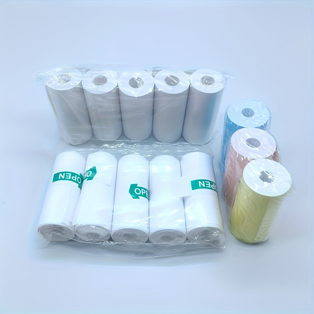 Mini printer camera thermal paper packaging set includes 13 rolls, including self-adhesive paper, color thermal paper, and regular thermal paper.