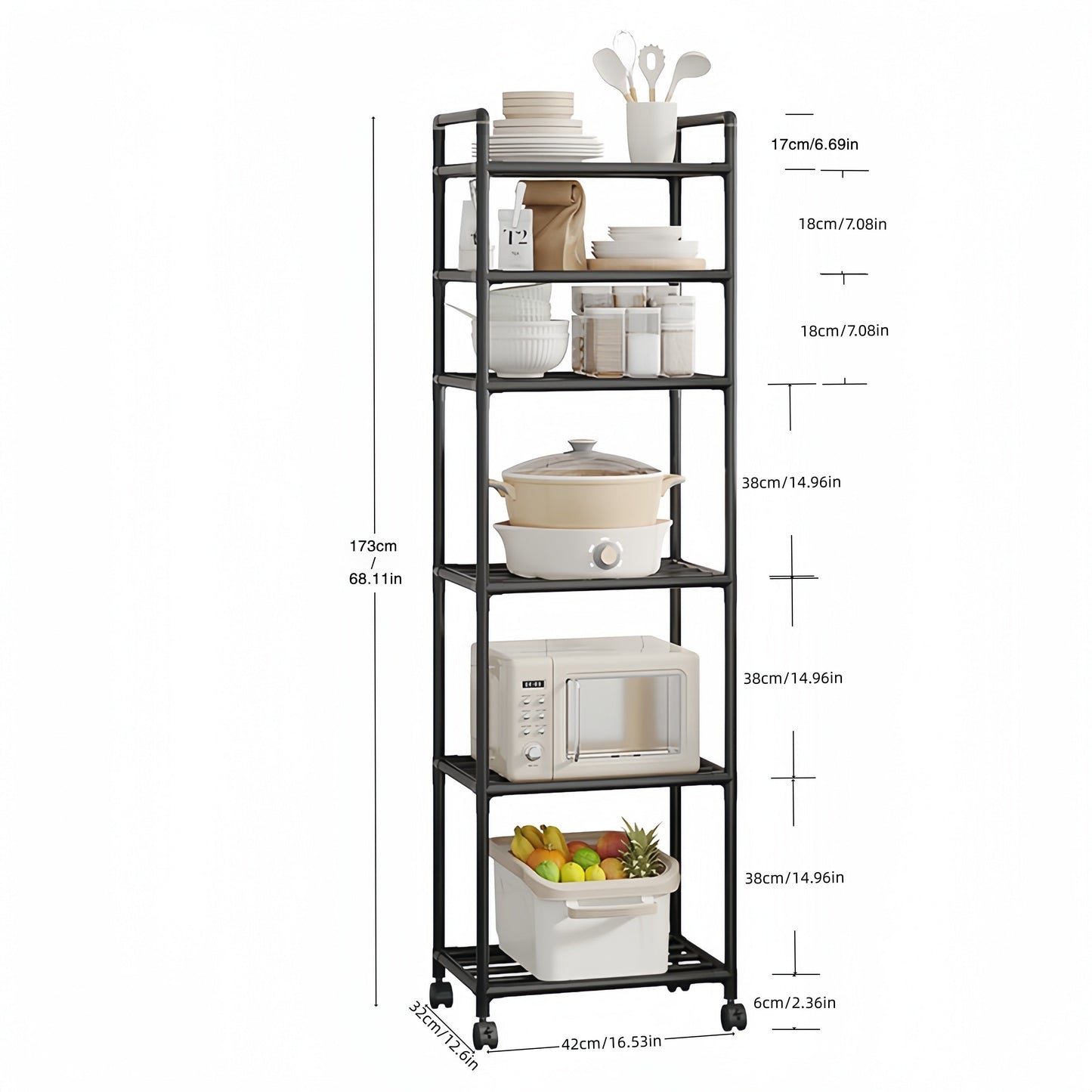 Kitchen Storage Rack with Wheels - Easy to Assemble, Space-Saving Storage Solution for Kitchen, Bathroom, and Living Room - Strong and Sturdy Metal Design with 6 Tiers