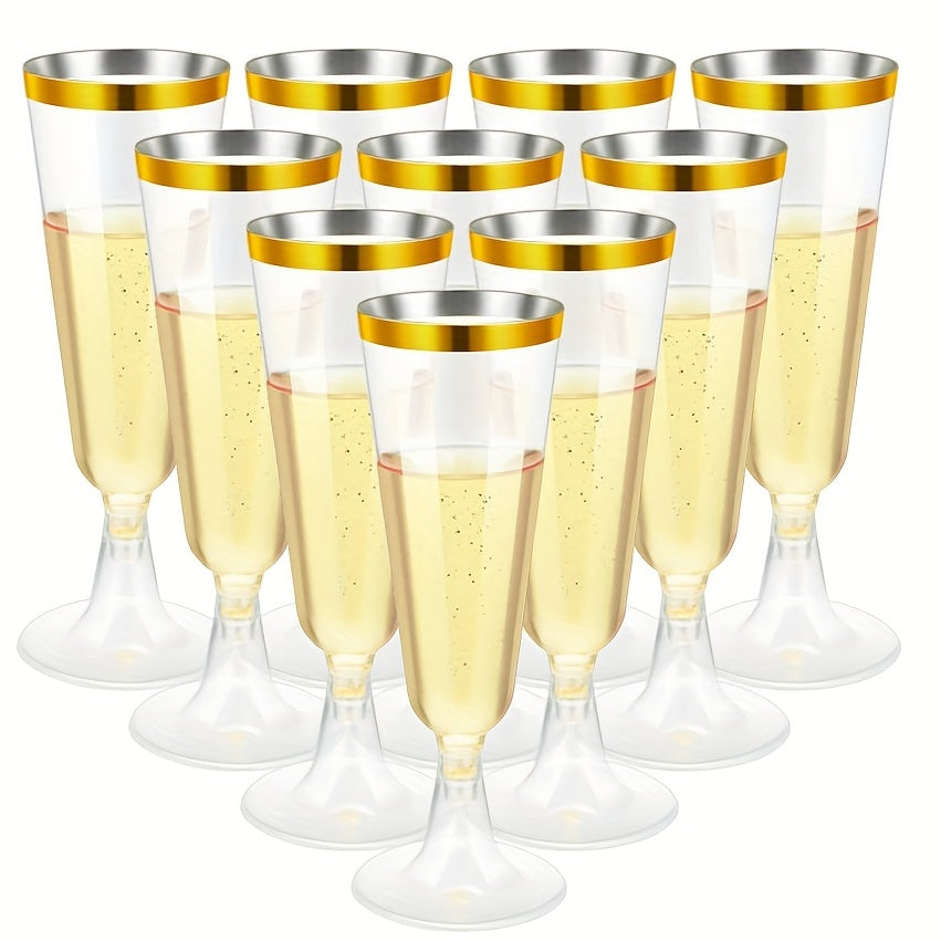 25 pieces of elegant champagne flutes with golden rims made of clear disposable plastic, perfect for weddings, parties, and celebrations. These recyclable glasses are ideal for toasting and cocktails. Impress your guests with these crystal look champagne