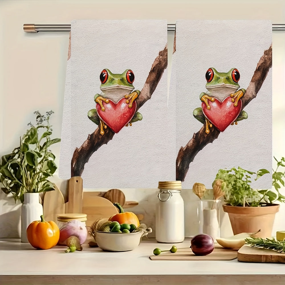 Valentine's Frog Design Kitchen Towels - Set of 2 Ultra Soft and Highly Absorbent Dish Hand Towels, Machine Washable, 40.64x60.96 cm - Ideal for Holiday Decor