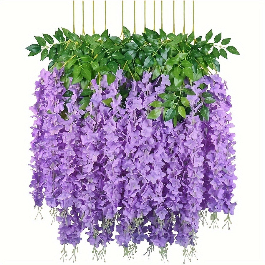 12 artificial wisteria garlands bring garden style to wedding parties and outdoor ceremonies without feathers.