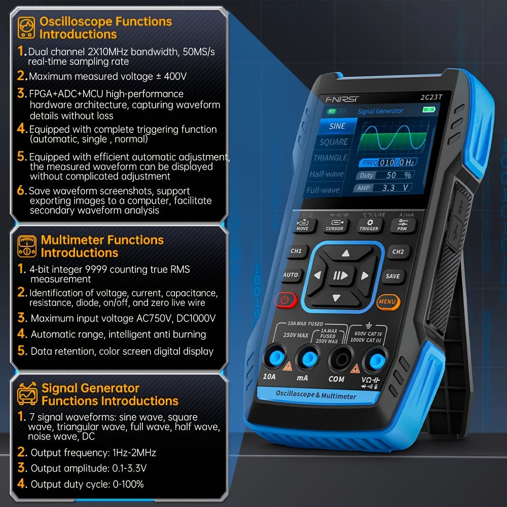 2C23T Handheld Digital Oscilloscope Multimeter with Function Signal Generator, 3In1 Dual-Track 10MHZ*2, 50Ms/S