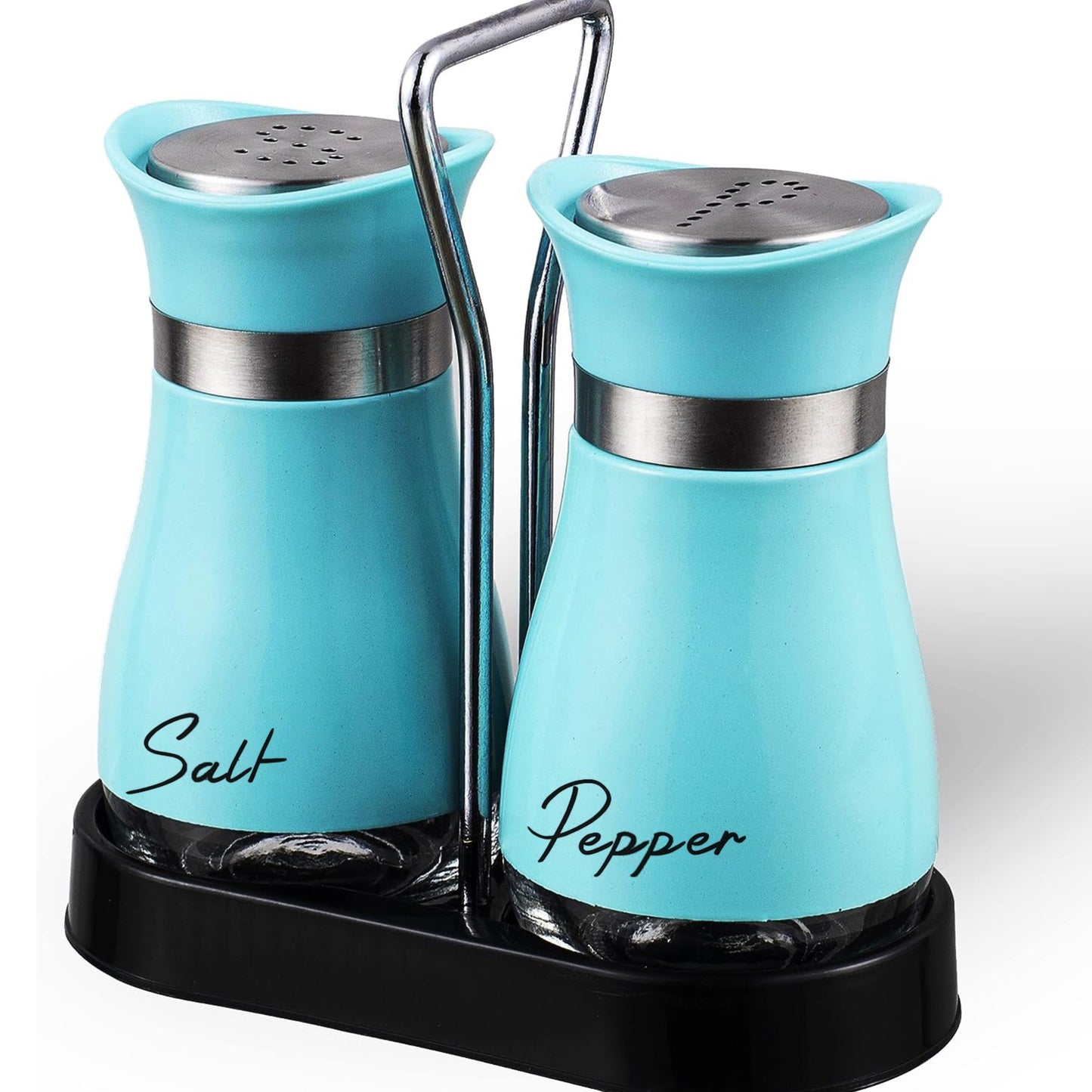 Salt and pepper shakers set with stainless steel bracket and electroplated handle, perfect for table, RV, camp, or BBQ.