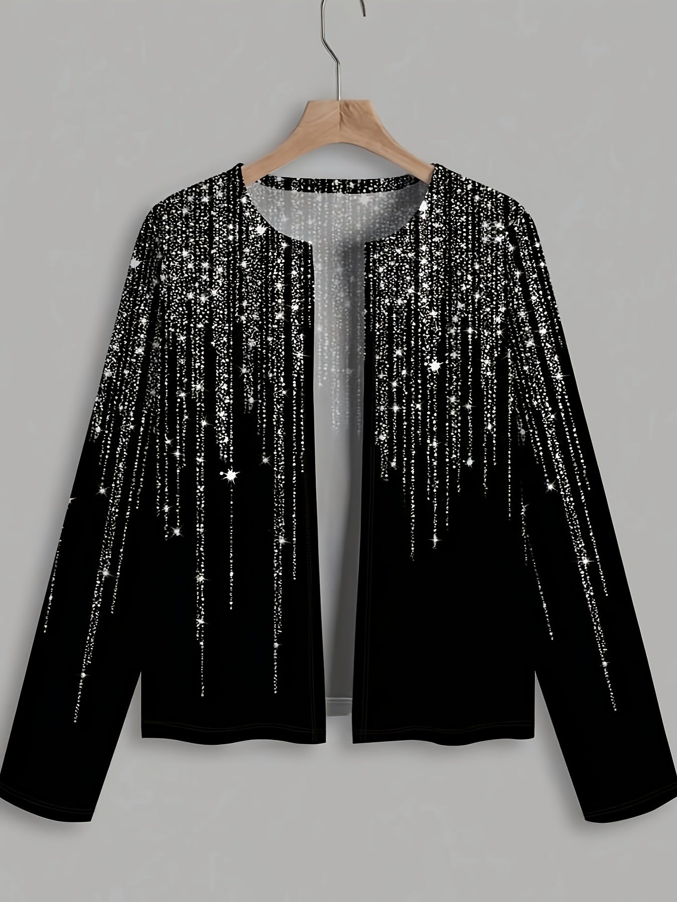 Women's elegant galaxy pattern cardigan with collarless open front, made from polyester knit fabric. This thin jacket has a slight stretch and is perfect for spring/fall fashion 2024.