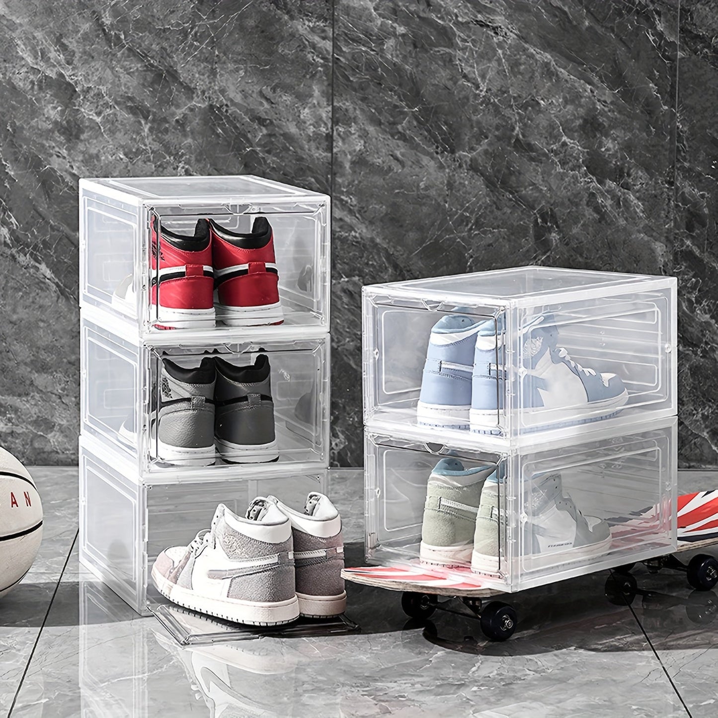 High quality shoe storage and organization for men and women with this transparent, foldable plastic shoes storage box. The magnetic closure keeps your shoes dustproof while the side opening door allows for easy access. Maximize closet space in your