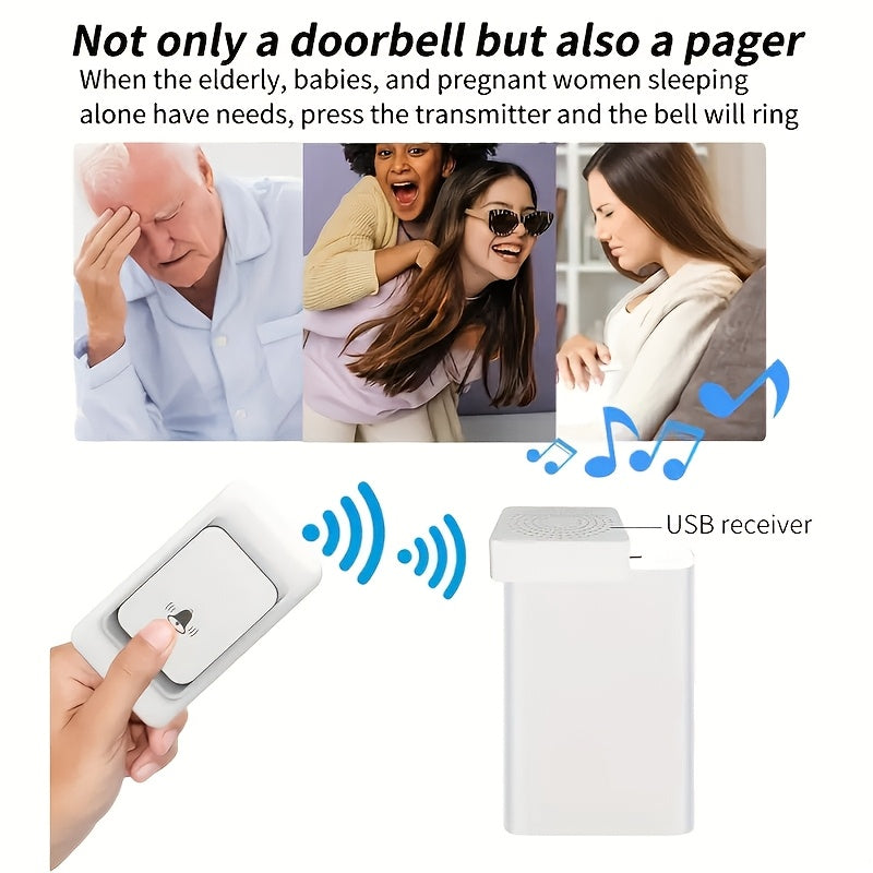 Wireless doorbell with 38 chime tunes, rechargeable, long-range remote control, and wall mount for home security.