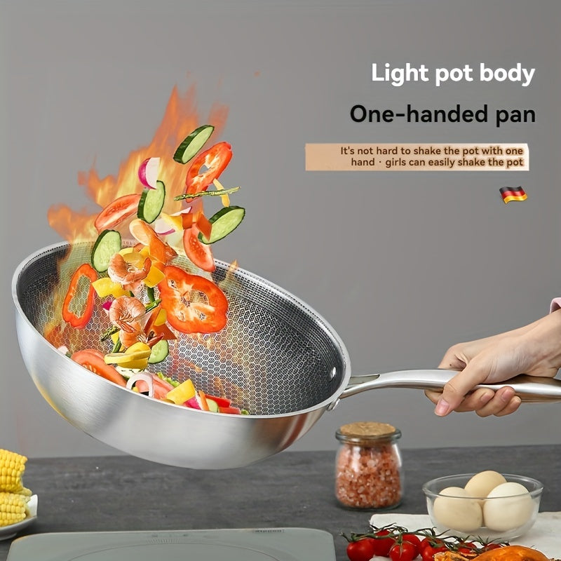 Lightweight Stainless Steel Wok featuring Non-Stick Honeycomb Design - Durable Scratch & Heat Resistance, Convenient One-Handed Lift for Cooking at Home or Outdoors