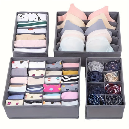 Set of 4 foldable storage boxes for organizing socks, bras, underwear, ties, belts, and scarves in closet drawers.