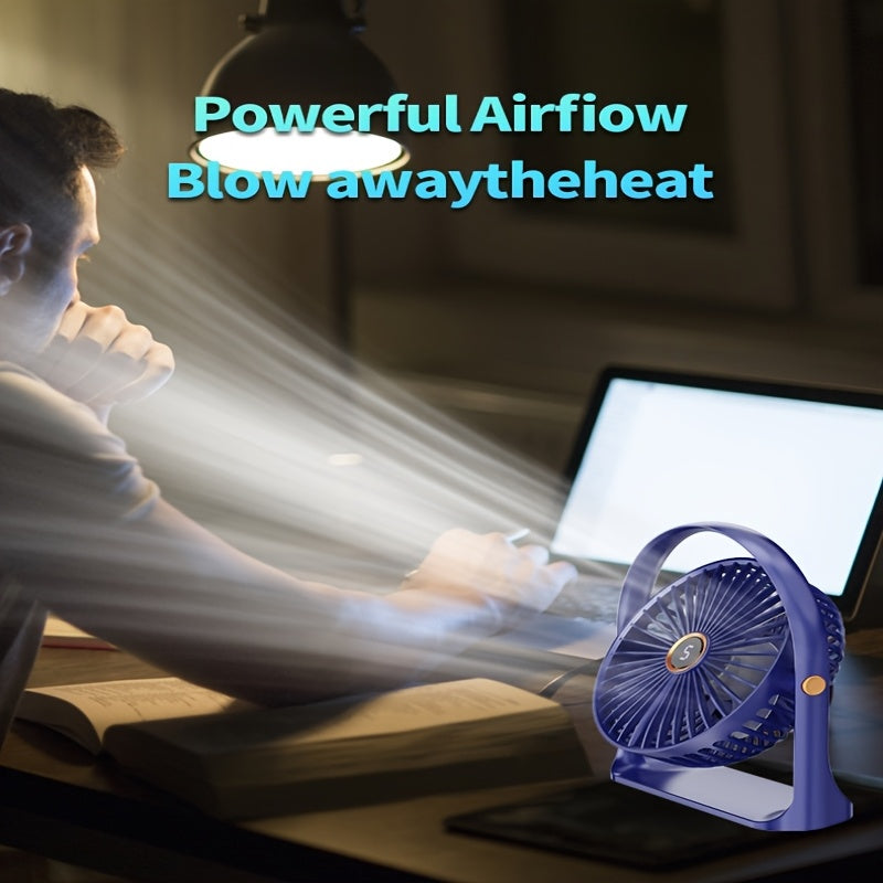 Compact USB powered table fan, 5W handheld rechargeable clip-on personal fan with lithium battery, operates quietly for use in home, office, car, and dorm - made of durable plastic with easy push button control.