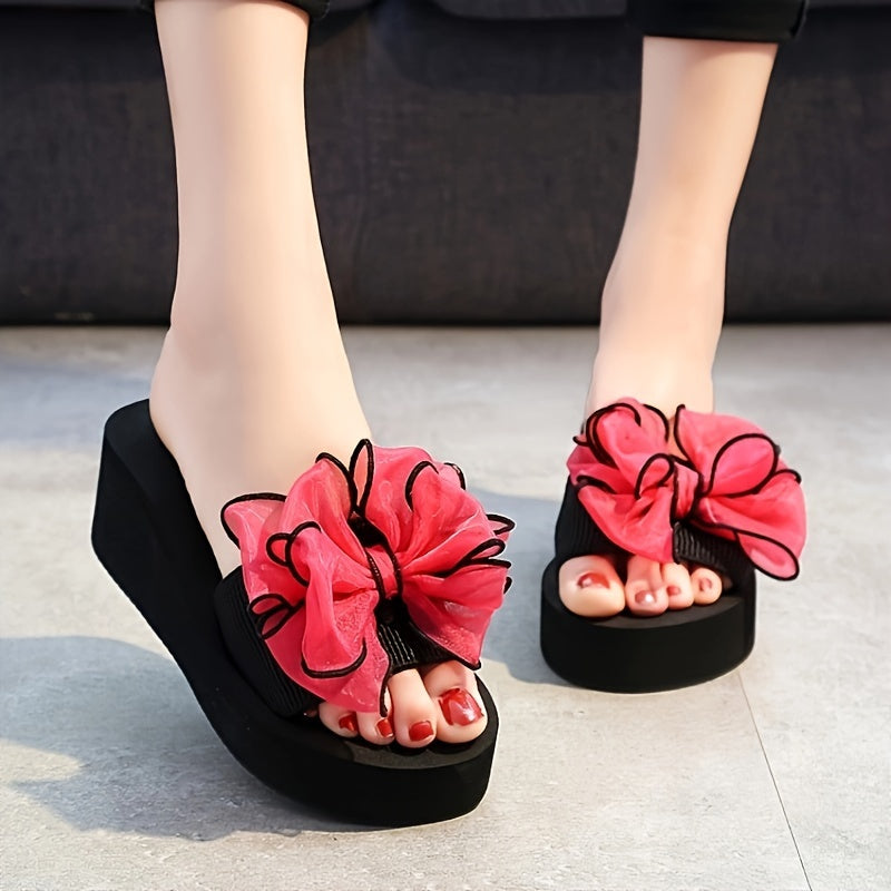 Women's Bowknot Wedge Heeled Sandals, Open Toe Platform, Slip On Comfort.