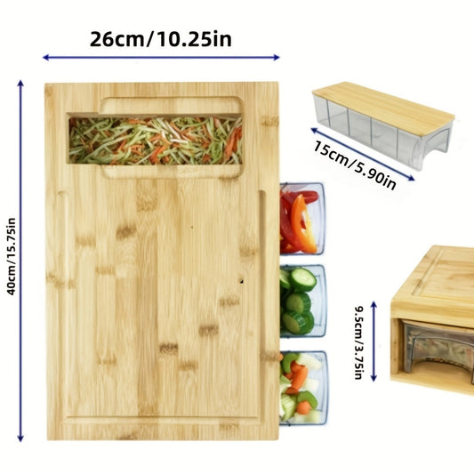 Bamboo Chopping Board with Drawer Containers, Graters, and Juice Grooves - Kitchen Organizer with Storage, Easy to Clean, Food Safe Wood Board with Handle Design