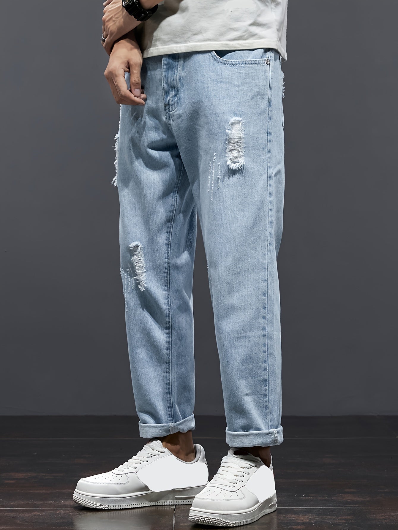 Summer 2024 Men's Distressed Denim Jeans: Straight leg, loose fit, stretch waist, trendy cropped casual pants with ripped detailing, machine washable.