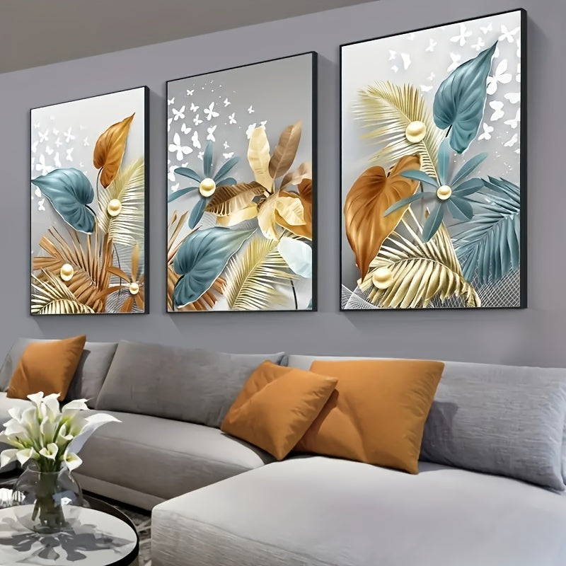 Luxury canvas print posters set of 3 featuring flower and leaf artwork for various rooms, no frames included.