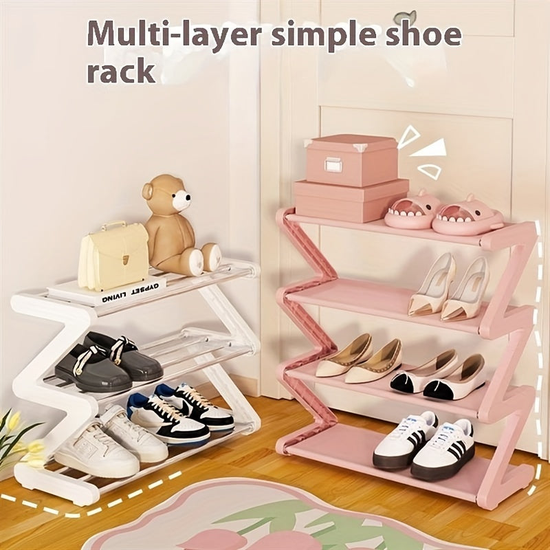 Z-Shaped shoe rack with 4 tiers, plastic, easy assembly, stackable for home or dorm room.