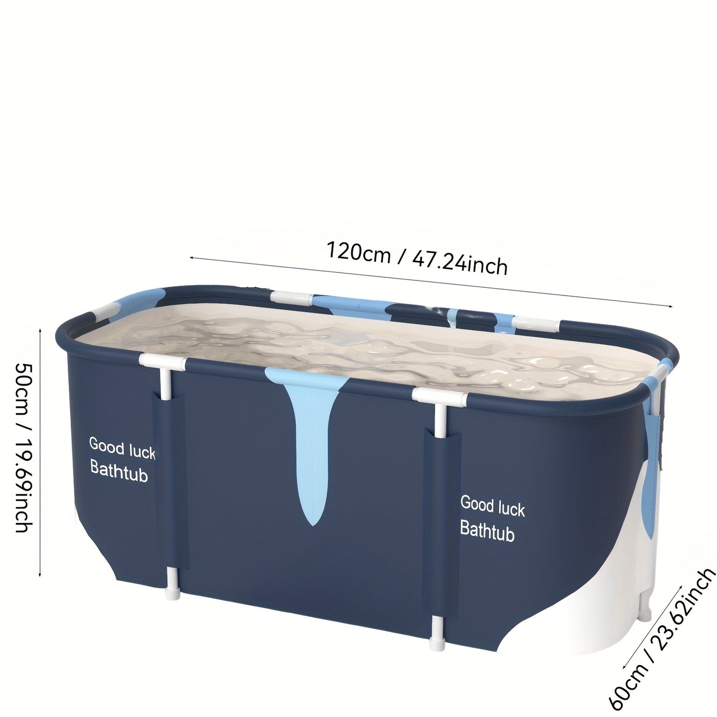 Adults' foldable freestanding bathtub for two, made of thick PVC in blue and white marble pattern with "GOOD LUCK BATHHUB" design, easy to use without installation.