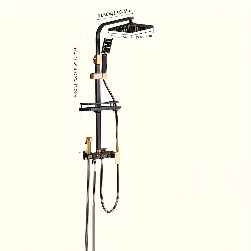 Luxurious Black & Golden Shower System: 20.32cm Rainfall Head, Handheld Spray, 4-Function Tub Faucet, Brass Valve, Hot & Cold Mixer - Complete Bathroom Upgrade Kit with Single Handle.