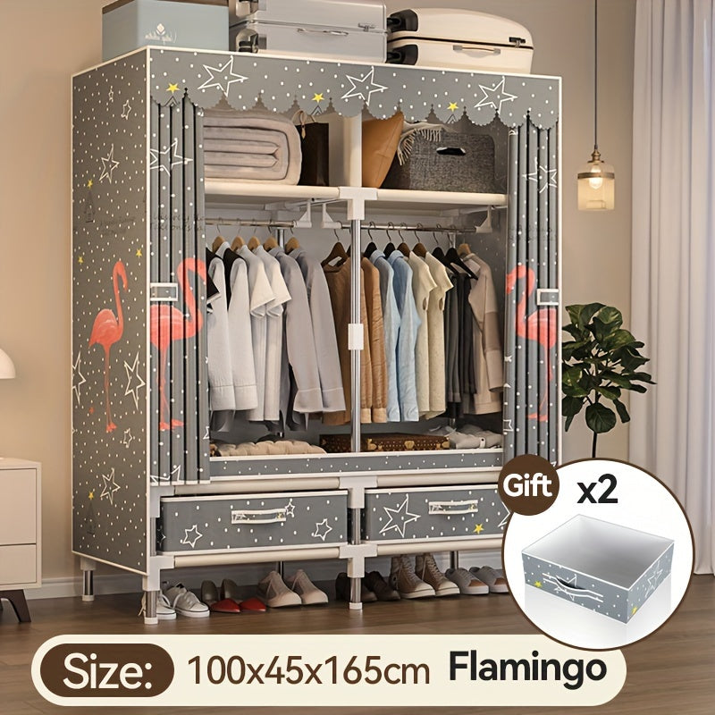 Christmas-themed portable closets with a steel frame structure, 2 hanging clothes rods, and 4 storage shelves, suitable for home bedrooms. Sturdy and long-lasting, designed with an elk pattern.