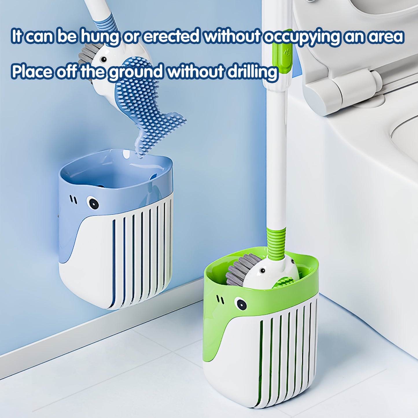 Silicone Whale-Shaped Toilet Brush with Soap Dispenser and Long Handle - Ideal for Cleaning Bathroom and Toilet, Comes with Suction Cup Holder for Easy Storage