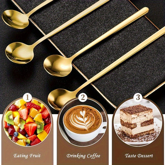 Set of 4 Long-Handle Coffee and Dessert Spoons in Elegant Golden Design - Made with Durable Stainless Steel, Ideal for Stirring Coffee, Tea, Latte, and Iced Beverages - Perfect for Home, Cafes, Restaurants, and Coffee Bars