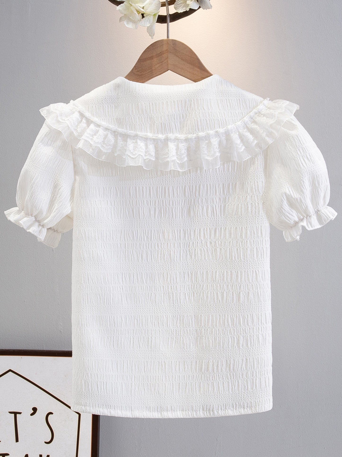 Girls' Short Sleeve Ruffle Blouse with Embossed Chiffon and Lace Collar, Sweet Bubble Sleeves, White School Shirt for Toddlers & Kids