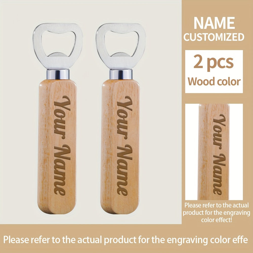 Custom engraved wooden beer bottle opener with stainless steel blade, perfect for any occasion.