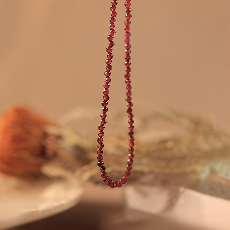 Handmade Garnet Jewelry Set with Simple Boho Style - Includes Faceted Crystal Beaded Necklace and Bracelet - Perfect for Daily Wear and Gifting - Natural Gemstone Birthstone - Hypoallergenic - Dual Layer Silk Thread for a Stunning Wine Red Look.