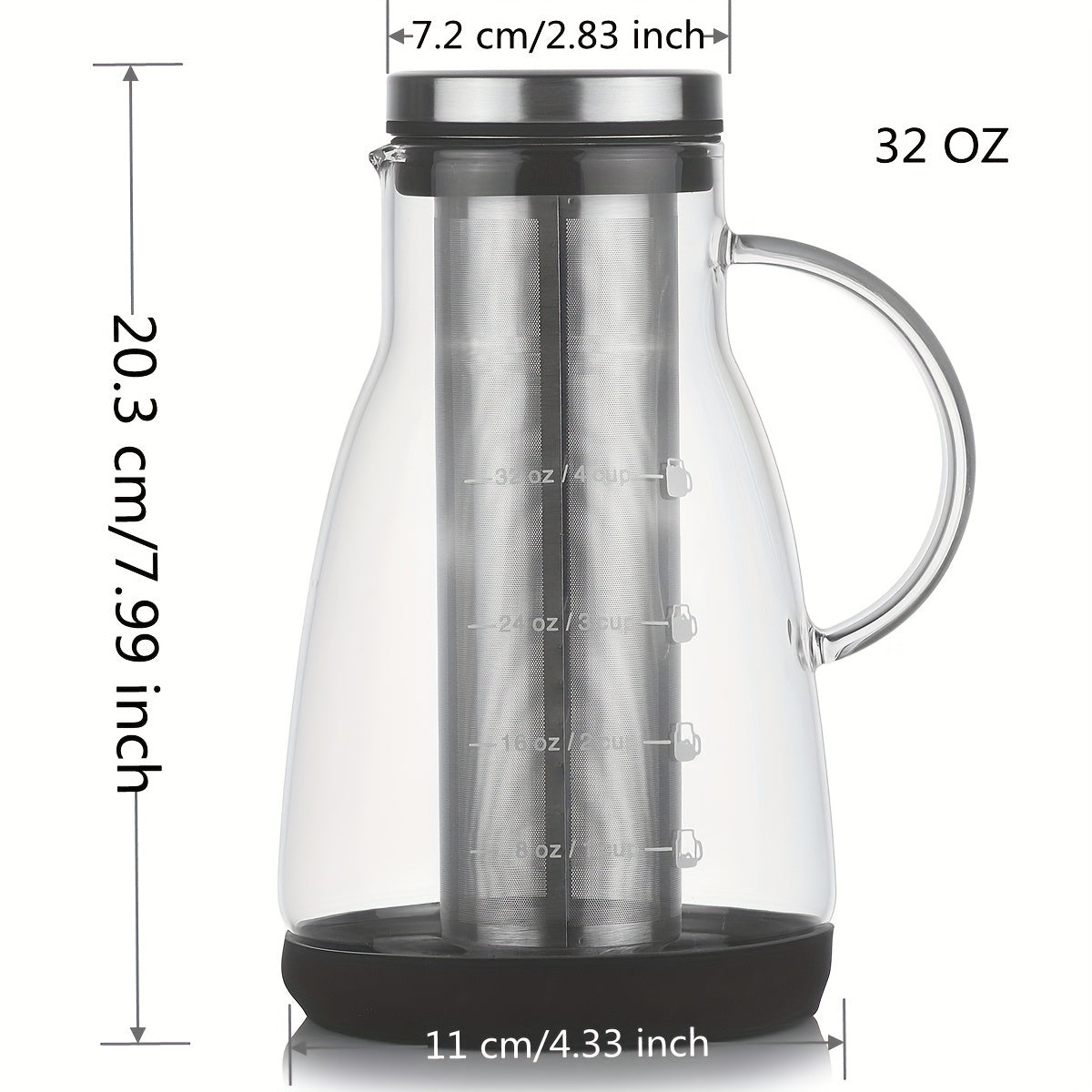 Classic glass cold brew coffee pitcher, 24oz capacity, perfect for making manual pour-over iced coffee. This versatile pitcher can also be used for juice, tea, and sharing at home. No electricity needed, just a stylish and functional glass jug with a