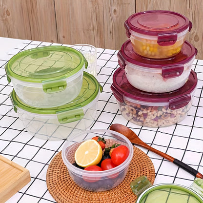 Set of 4 round plastic bowls with lids - microwave & outdoor safe, rust-proof, ideal for camping and refrigerator organization. Bento box design for sealed storage.