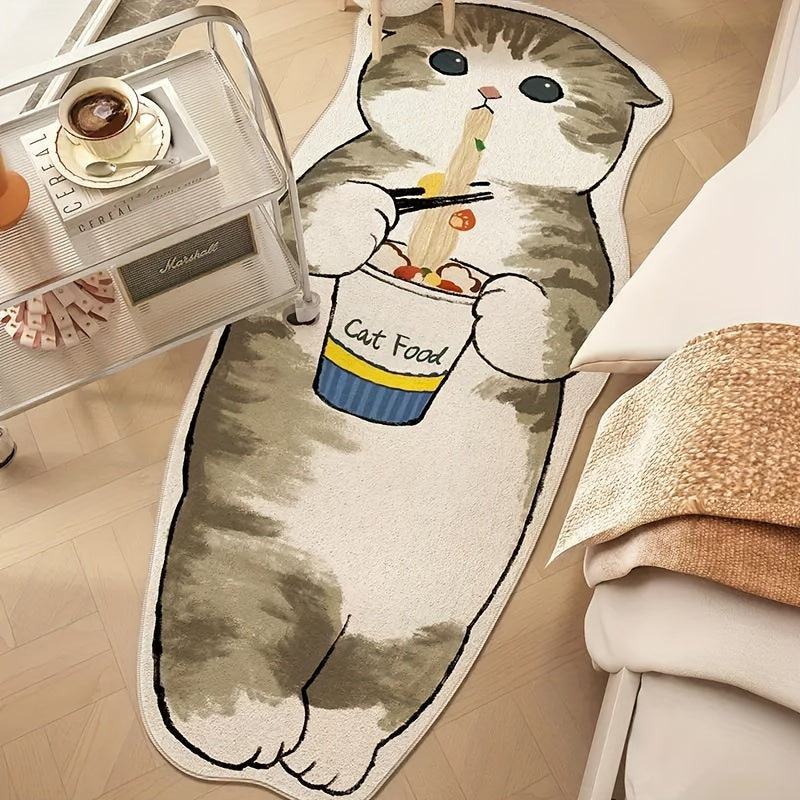 WhimsyCat Water-Resistant Cartoon Cat Floor Mat - 1 Piece, Made of Polyester Fiber with Rubber Backing, Non-Slip, Machine Washable, Unique Irregular Shape for Indoor Bedroom Use