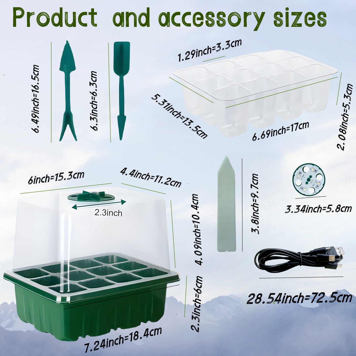 Rustic seed starter kit with adjustable humidity, USB grow light, 12-cell propagator set, transparent dome, and plastic greenhouse for plant seedlings.