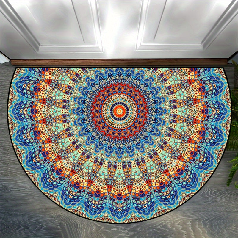 Mandala Flower Half Round Doormat - Non-slip, Machine Washable Polyester - Indoor/Outdoor Bedroom Hallway Patio Entryway Carpet - Photo Prop Gift Available in Various Sizes: 15x23, 19x31, 23x35, 31x47 inches.