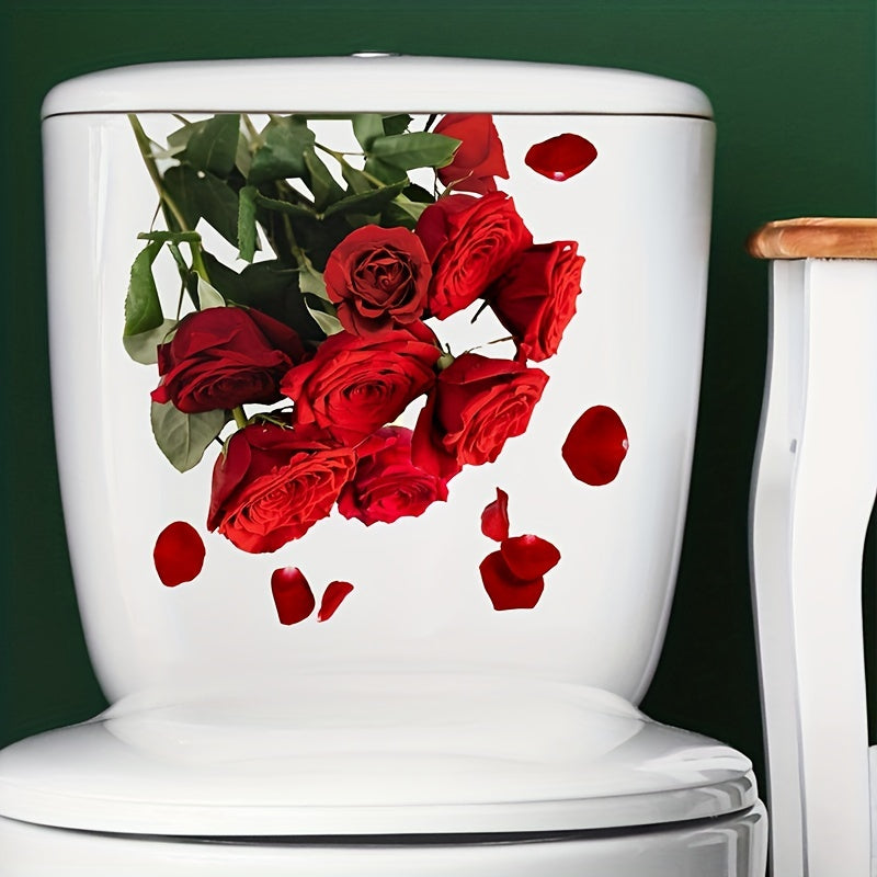 Red rose pattern toilet lid decal for stylish bathroom decor.