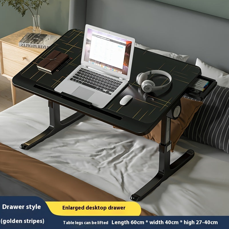 Adjustable overbed laptop desk with foldable legs and storage drawer for home and office use.