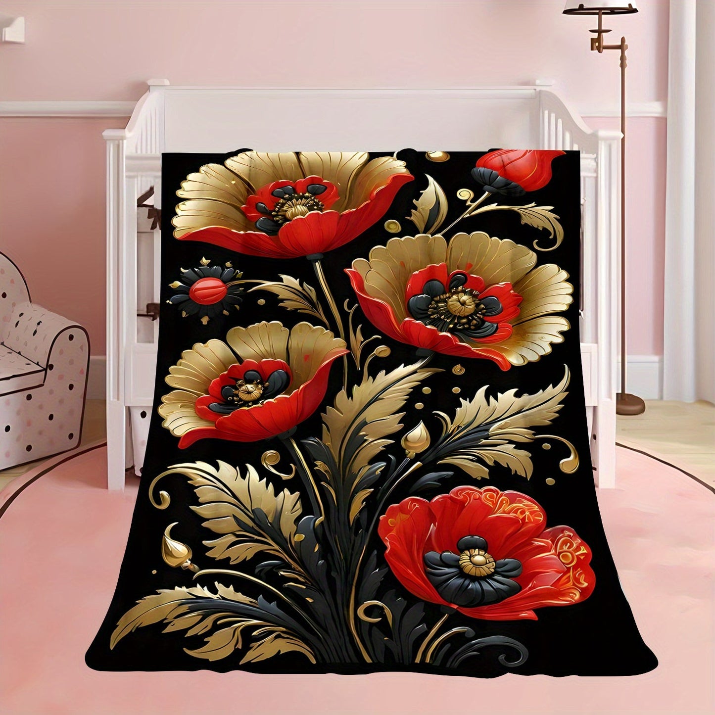 Soft and Comfortable Floral Printed Fleece Throw Blanket featuring a Golden and Red 3D Floral Design. Perfect for use in the Living Room, Bedroom, Sofa, or even on a Picnic. Made with Durable Polyester Fabric, this blanket is suitable for All-Season Use.