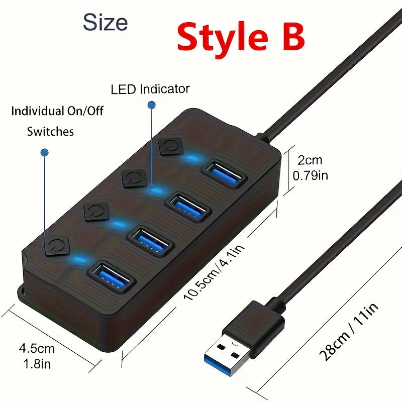 1pc USB Adapter Hub with 7 or 4 Ports, LED Light and Power On/Off Switch for PC or Laptop