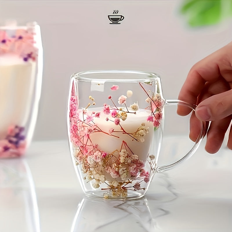 Vintage double-walled glass mug with dried flowers, ideal for coffee, whiskey, iced beverages, and more. Hand wash only. Reusable and recyclable. Elegant drinkware with handle.