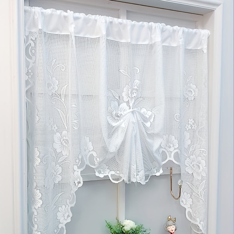 Beige and White Lace Floral Pattern Short Curtain for Window, with Rod Pocket, Perfect for Cafe, Office, Kitchen, Living Room, Study, or Home Decor