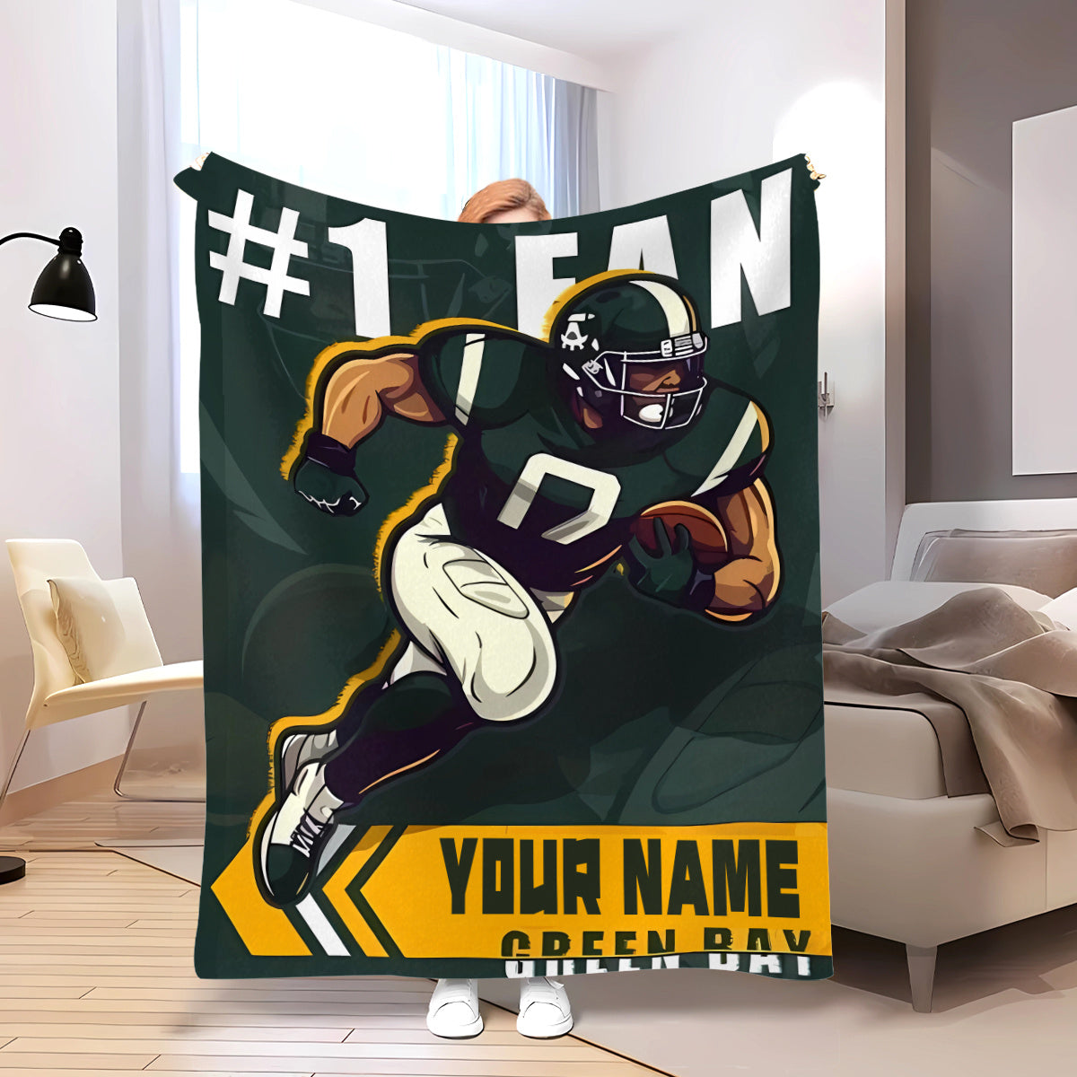 Personalized Green Bay Football Team Flannel Throw Blanket - Customizable Name Option, Luxuriously Soft for Home and Travel Décor