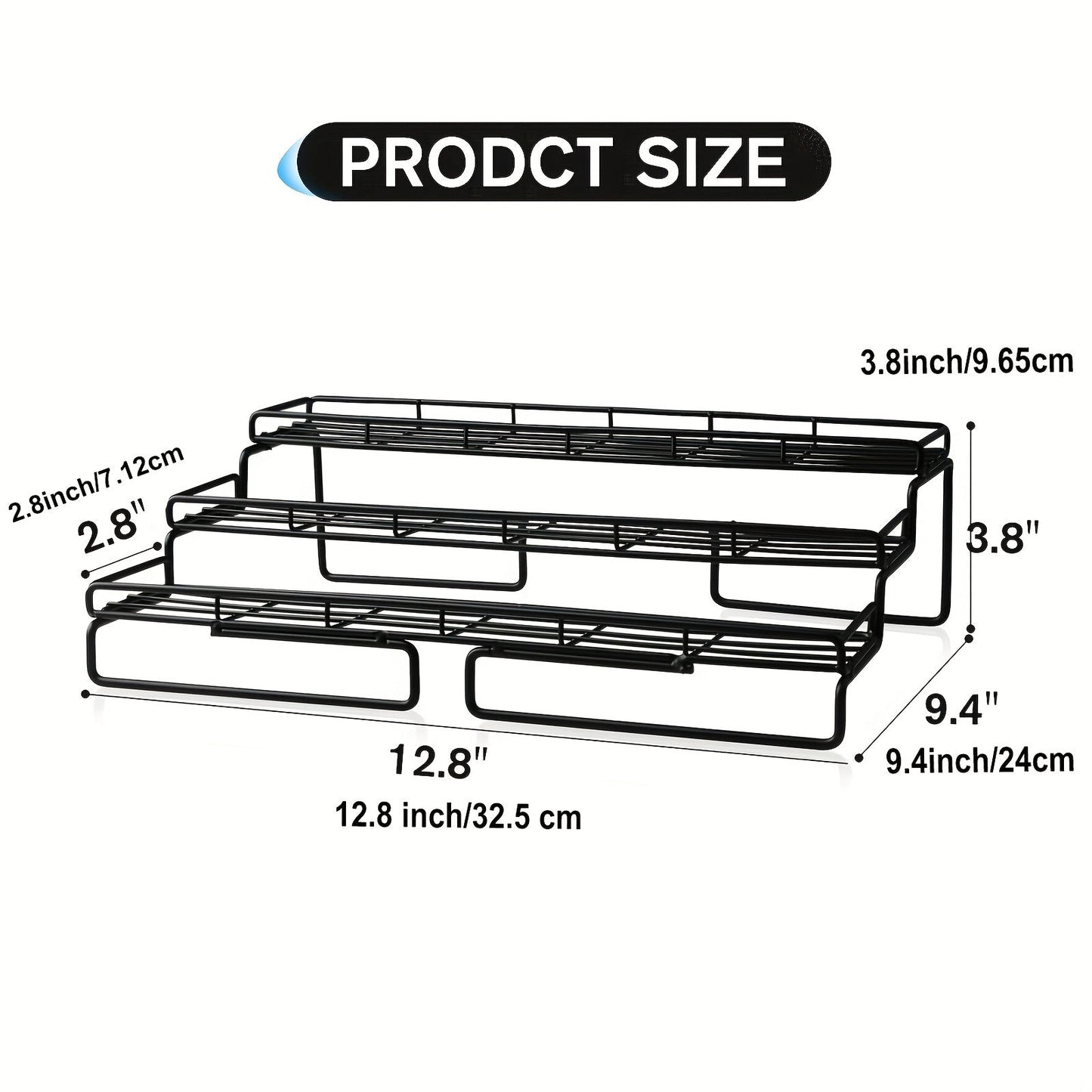 Черный металлический органайзер для специй с 3 ярусами — компактное решение для хранения кухонных принадлежностей, прочная конструкция полки для столешницы или шкафа (специи в комплект не входят)