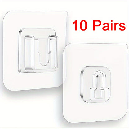 10 pairs of no-drill wall hooks with adhesive backing for easy, contemporary home organization. Durable, secure storage solution with a sleek, strong plastic design. Perfect for hanging things on the wall.